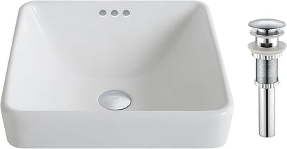 Kraus KCR-281-CH Modern Elavo Ceramic Square Semi-Recessed Bathroom Sink with Overflow and Pop Up Drain, Chrome/White 16.25