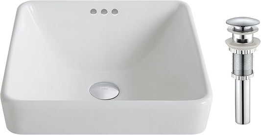 Kraus KCR-281-CH Modern Elavo Ceramic Square Semi-Recessed Bathroom Sink with Overflow and Pop Up Drain, Chrome/White 16.25