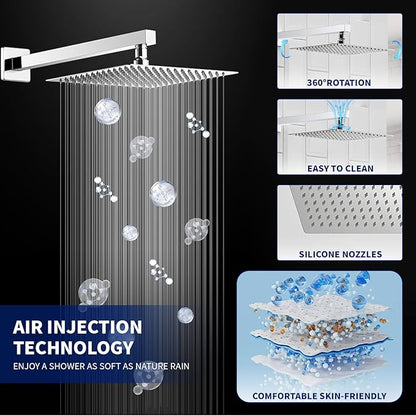 BWE 12 Inch Square Bathroom Luxury Rain Mixer Shower Combo Set Wall Mounted 2-Functions Rainfall Shower Head System Polished Chrome Shower Faucet Rough-in Valve Body and Trim Included