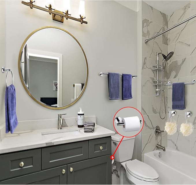 6 Pieces Polished Chrome Bathroom Hardware Accessories Set Hand Towel Ring 16&23.6 inch Round Towel Bar Toilet Paper Holder Towel Hooks 2 Pieces SUS 304 Stainless Steel,Heavy Duty,Wall Mounted