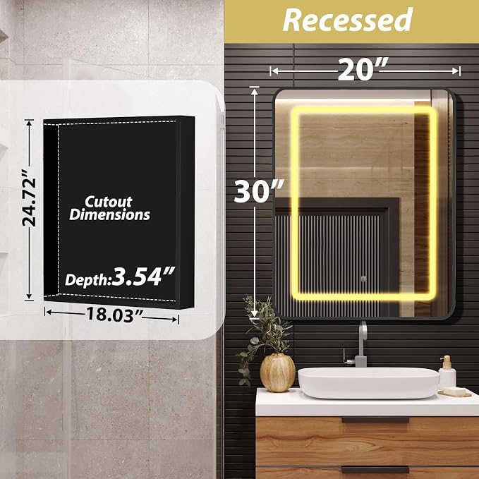 APRILSOUL 20x30 Inch Lighted Bathroom Medicine Cabinet with Mirror, Black Recessed or Surface Mount Medicine Cabinet Mirror with Storage and LED Lights, 3 Colors Temperature, Dimmable Light