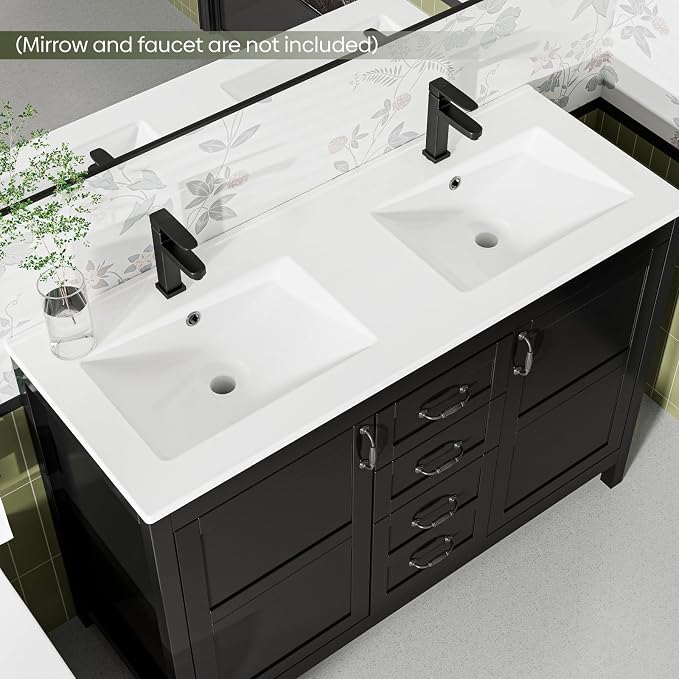 48" Bathroom Vanity with Sink Combo, Freestanding Modern Thickened Wood Bathroom Storage Cabinet with Undermount Double Sink, 3 Drawers & 2 Soft-Close Doors with Organizers, Black