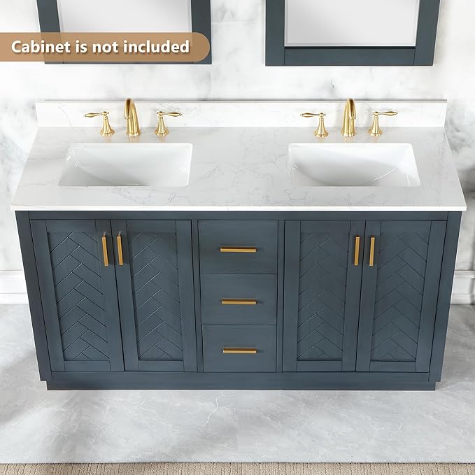 Ceres 61" Engineered Stone Vanity Top in Grain White with Double White Sinks