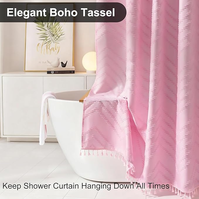 Extra Long Shower Curtains 72 x 84 Inches Tufted Chevron Pink Shower Curtains Fabric for Bathroom Modern Shabby Chic Waterproof Cloth Shower Curtain