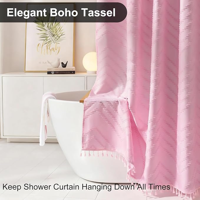 Siiluminisoy Extra Long Shower Curtains 72 x 78 Inches Tufted Chevron Pink Shower Curtains Fabric for Bathroom Modern Shabby Chic Waterproof Cloth Shower Curtain