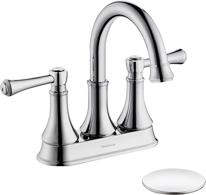 Chrome 4 Inch Centerset Bathroom Sink Faucet 3 Holes with Pop up Drain | TimeArrow High Arc Modern 2-Handle Bathroom Faucet, Vanity Lavatory Faucet with 360° Swivel Stainless Steel Spout, TAF067Y-CP