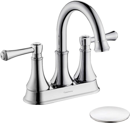 Chrome 4 Inch Centerset Bathroom Sink Faucet 3 Holes with Pop up Drain | TimeArrow High Arc Modern 2-Handle Bathroom Faucet, Vanity Lavatory Faucet with 360° Swivel Stainless Steel Spout, TAF067Y-CP