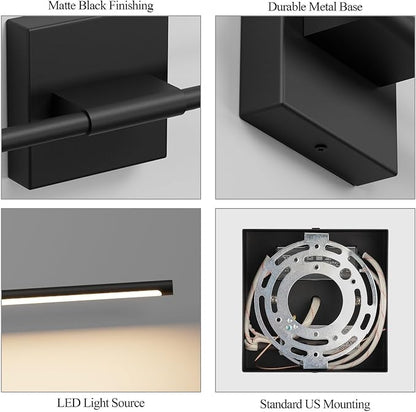 28In Hardwired Black Wall Sconce Modern Vantiy Light LED Bathroom Light Fixtures Over Mirror 3000K 360° Rotatable Bathroom Sconce