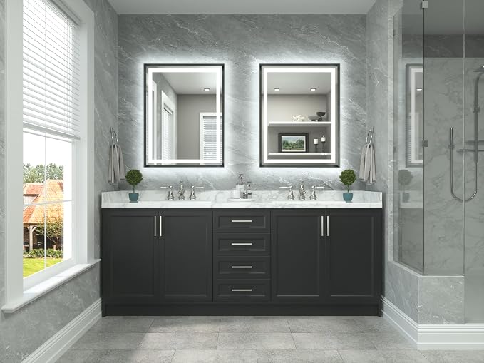 28 x 36 Bathroom LED Mirror Brushed Gunmetal Gray/Off‑Black Frame Frontlit & Backlit Vanity Mirror Anti-Fog Stepless Dimmable 3 Colors White/Warm/Natural Wall-Mounted