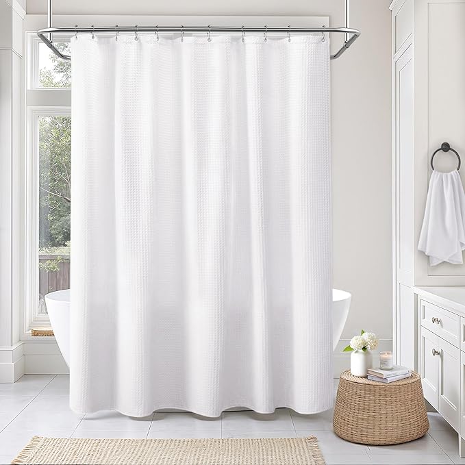 Long Waffle Shower Curtain - White Cotton Texture Fabric Heavyweight Shower Curtains for Bathroom,72Wx78L