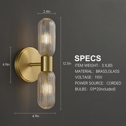Brushed Brass Wall Sconce, Knurled Double Glass, Bulb Included | 12.3in 2-Light Hardwired Wall Light,Perfect for Bathroom Living Room Vanity Mirror Bedroom Hallway and Entryway