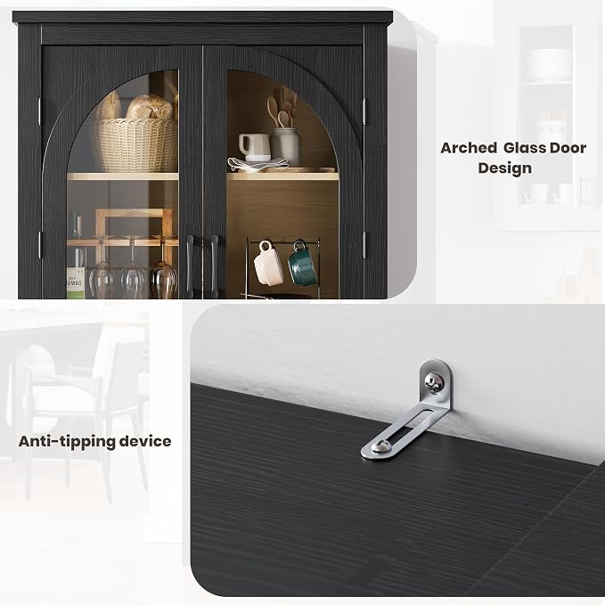 Garvee 70" Tall Kitchen Pantry Cabinet - Modern Display Cabinet with 4 Arched Glass Doors and Adjustable Shelves, Versatile Cupboard Organizers for Kitchen, Dining Room, Living Room, Bathroom, Black