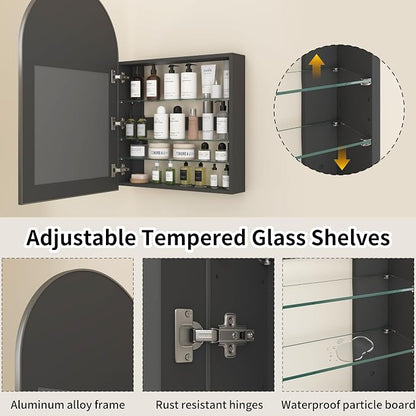 Arched Medicine Cabinet with Mirror,Bathroom Medicine Cabinet with Mirror Wall Mounted,Mirrored Medicine Cabinets with Adjustable Shelves,Not Recessed,24x36 Inch,Black