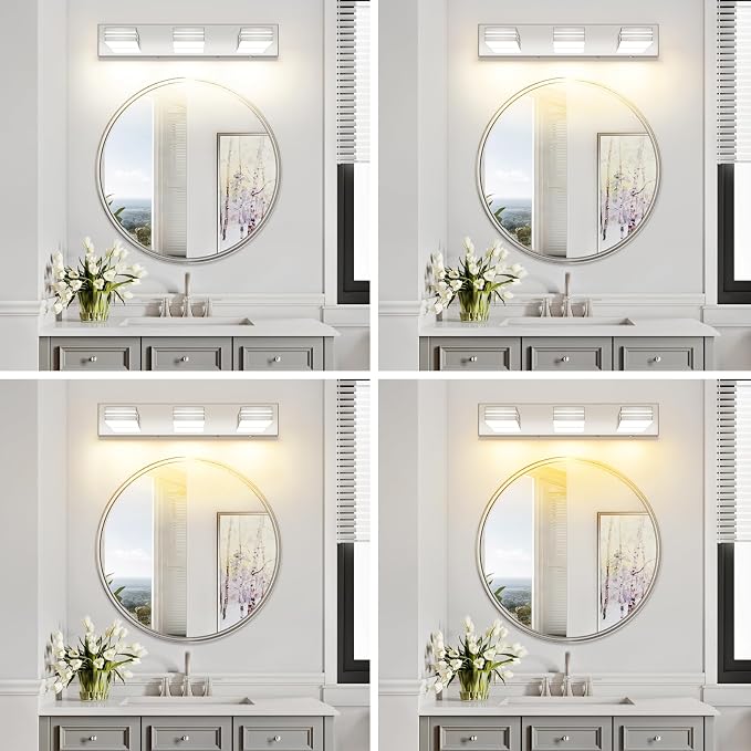 LED Modern Bathroom Vanity Light Fixtures (3-Light, 24-Inch)(5CCT, Dimmable), Chrome Modern Bathroom Wall Lighting Fixtures Over Mirror (3000K/3500K/4000K/5000K/6000K)