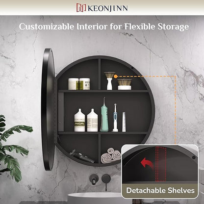Keonjinn 30 Inch Round Lighted Medicine Cabinet, Black LED Medicine Cabinet Mirror, Circle, Electrical Outlet, 3 Color Lights, Anti-Fog, Dimmable, Surface Mount Only