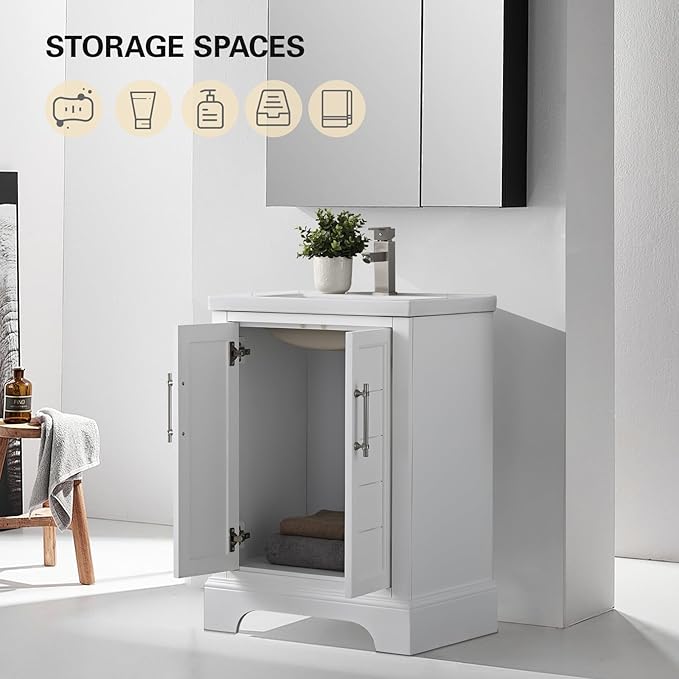 HOMEBEYOND 24 Inch Bathroom Vanity with Single Sink & Ceramic Top, Vanity Cabinet with Center Countertop Basin, Soft-Closing Doors, White