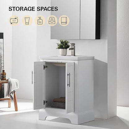 HOMEBEYOND 24 Inch Bathroom Vanity with Single Sink & Ceramic Top, Vanity Cabinet with Center Countertop Basin, Soft-Closing Doors, White