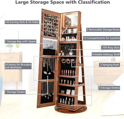 CHARMAID 360° Swivel Jewelry Armoire with Full Length Mirror, Rear Storage Shelves, Lockable Standing Jewelry Cabinet Organizer with Interior Vanity Mirror and 3-Color Lights (Walnut)