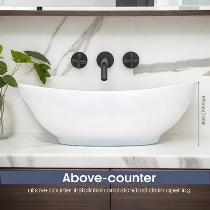 NUESTRA VIDA 23×15.2×7.7 inch Bathroom Vessel Sink, Modern Egg Shape Vanity Sink Above Counter Art Basin with Overflow, Oval Vessel Sink Bowl for Vanity Surface Mounted, Glossy White