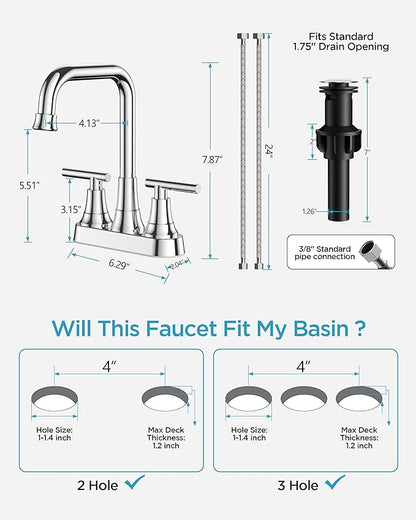 FORIOUS Bathroom Faucets for Sink 3 Hole Chrome, 4 Inch Centerset Bathroom Sink Faucet 2 Handle with Pop-up Drain and Supply Hoses for Vanity RV Laundry Farmhouse