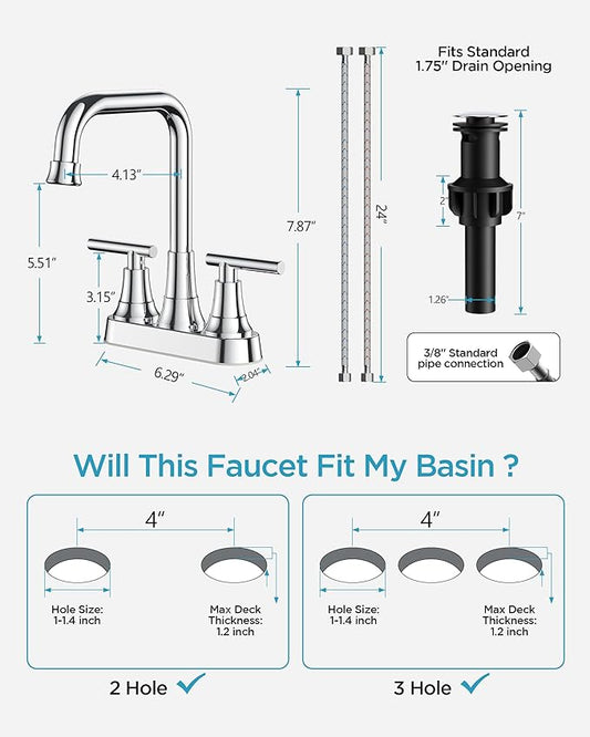 FORIOUS Bathroom Faucets for Sink 3 Hole Chrome, 4 Inch Centerset Bathroom Sink Faucet 2 Handle with Pop-up Drain and Supply Hoses for Vanity RV Laundry Farmhouse