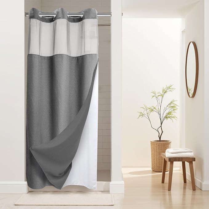 River Dream Heavyweight Waffle No Hook Shower Curtain with Liner,Gray,36x74 | Dotted Waffle,Snap-in Liner,Heavy Duty,Quick Dry,Mesh Top Window,With Bottom Magnets,Hotel-Grade,Washable,Small Stall Size