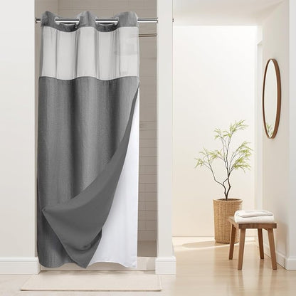 River Dream Heavyweight Waffle No Hook Shower Curtain with Liner,Gray,36x74 | Dotted Waffle,Snap-in Liner,Heavy Duty,Quick Dry,Mesh Top Window,With Bottom Magnets,Hotel-Grade,Washable,Small Stall Size