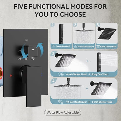 Shower Faucet Sets Matte Black Shower System,Bostingner Five Function Diverter Shower Faucets with 2 in 1 Handheld,10'' Ceiling Mount and 6’‘ Wall Mount Shower Head Rainfall Shower Set with Valve