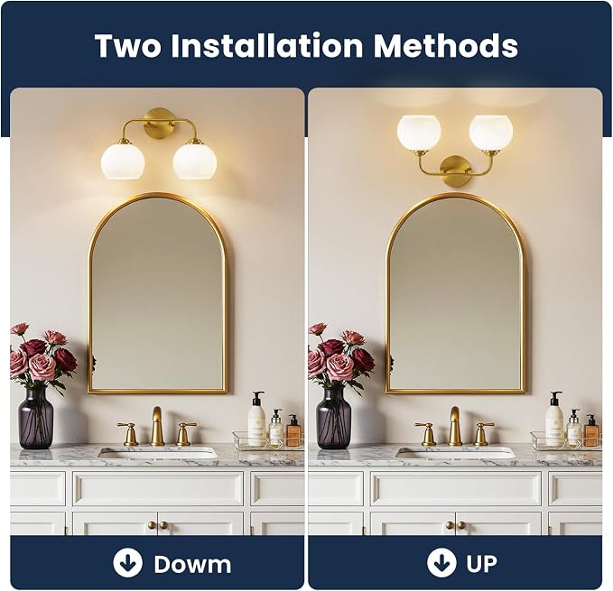 RUIYEY Bathroom Vanity Light Fixtures: 2-Lights Gold Bathroom Lighting Fixtures Over Mirror, 15.9" Mid-Century Modern Wall Sconces with Ribbed Lantern Frosted Glass Shade for Kitchen Bedroom Restroom