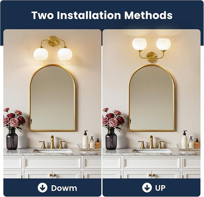 RUIYEY Bathroom Vanity Light Fixtures: 2-Lights Gold Bathroom Lighting Fixtures Over Mirror, 15.9" Mid-Century Modern Wall Sconces with Ribbed Lantern Frosted Glass Shade for Kitchen Bedroom Restroom