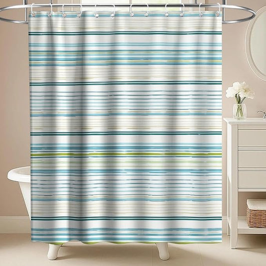 Neutral Modern Striped Shower Curtain Abstract Luxury Ocean Aesthetic | Rustic Shower Curtains for Bathroom, Waterproof Bath Curtain with Hooks Machine Washable Bathtub Curtains 72x78 Inch Blue