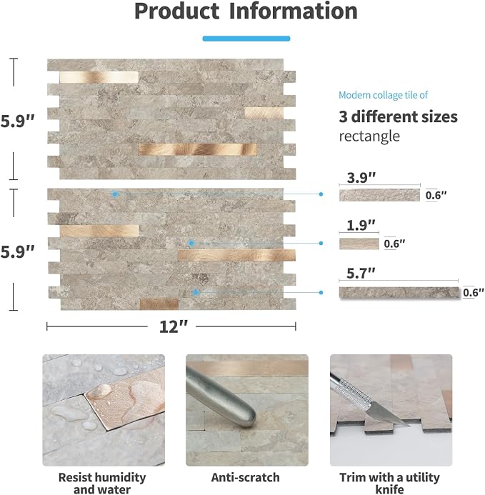 Art3d Faux Stone Peel & Stick Backsplash Tile, 20 pcs, Ecru Slate | PVC, Multi-Style Decor Sheets, Waterproof, Traceless Peel, No Wall Damage, Ideal for Kitchen