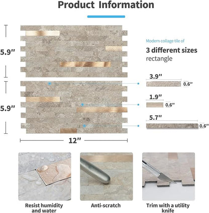 Art3d Faux Stone Peel & Stick Backsplash Tile, 20 pcs, Ecru Slate | PVC, Multi-Style Decor Sheets, Waterproof, Traceless Peel, No Wall Damage, Ideal for Kitchen
