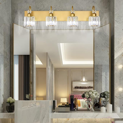 Ralbay Gold Vanity Lights 4-Lights Gold Crystal Bathroom Vanity Lights Over Mirror Modern Crystal Bathroom Wall Lighting Fixtures