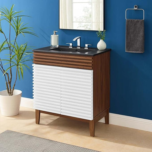 Modway Render 30" Bathroom Vanity with Sink in White Walnut Black