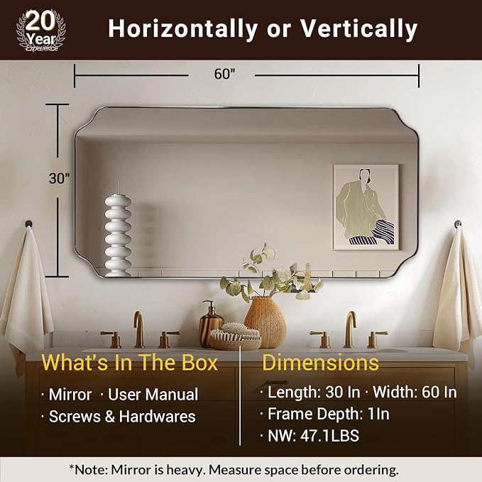 30"x60" Large Bathroom Mirror, Brushed Nickel Rectangle Scalloped Mirror, Modern Full Length Wall Mirror with Rust-Proof Stainless Steel Frame, Hangs Vertically or Horizontally