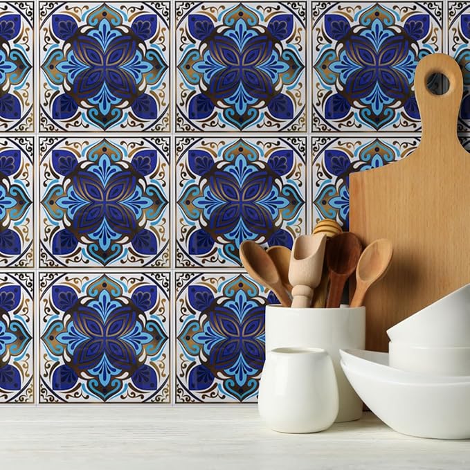 DICOFUN 32 Moroccan Tile Peel and Stick Backsplash, 6" x 6" Waterproof Mandala Stick on Wall Tiles (Style 3)