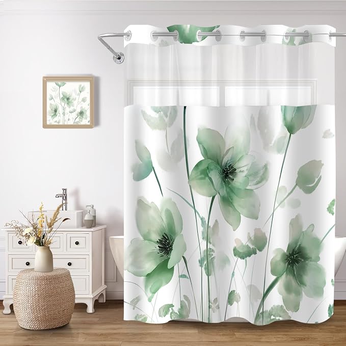No Hook Shower Curtain and Liner Set, Green Boho Floral 71x84 | Watercolor Boho Flower, with Snap in Liner, Waterproof, Machine Washable, Quick-Drying, for Hotel Bathroom