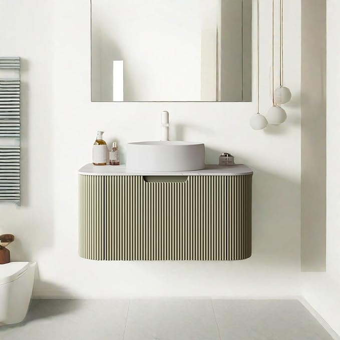 30'' Floating Vanity with Sink Combo, Modern Wall-Mounted Curved Edges Striped Bathroom Storage Cabinet with Soft-Close Drawer and White Artificial Marble Basin, Light Green