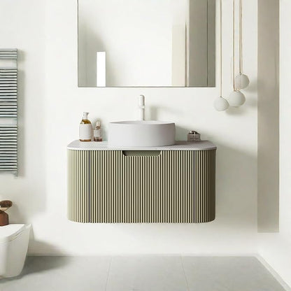 30'' Floating Vanity with Sink Combo, Modern Wall-Mounted Curved Edges Striped Bathroom Storage Cabinet with Soft-Close Drawer and White Artificial Marble Basin, Light Green