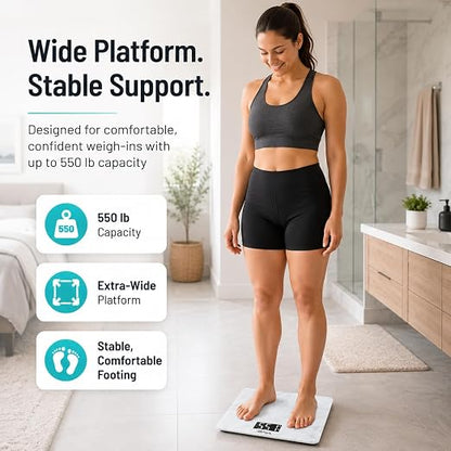 Vive Smart Body Weight Scale (550lbs Capacity) - Heavy Duty Bariatric | Digital Scale for BMI - Plus Size, Large Display - Bathroom Device for Health Extra Wide Base & Smartphone Connectivity