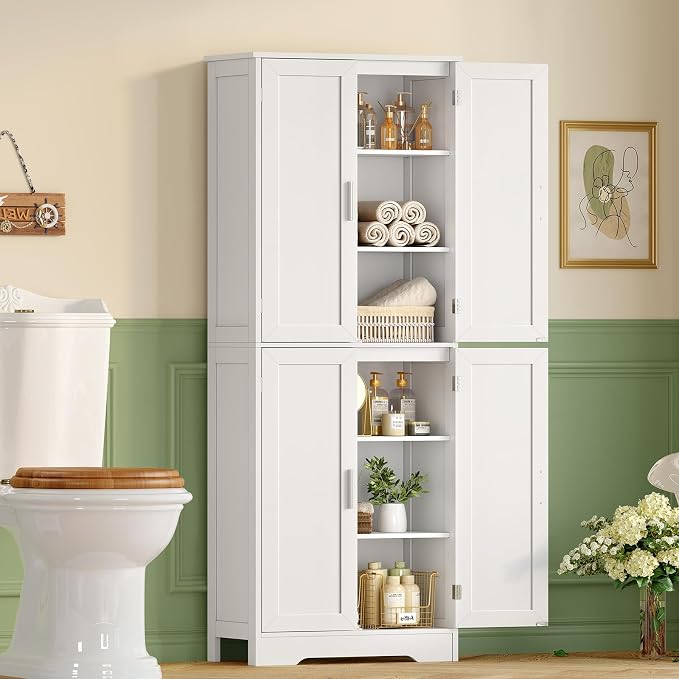 67” Storage Cabinet, Kitchen Pantry Cabinet with 4 Doors and 2 Adjustable Shelves, Cupboard, Tall Bathroom Cabinets for Dining Room, Living Room, White