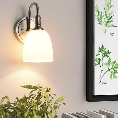 Vintage Traditional 1-Light Indoor Wall Sconce with Frosted Glass Bathroom Bedroom Hallway, 10.6" H x 5.3" W, Brushed Nickel
