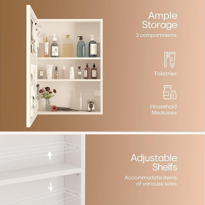 28x20 LED Lighted Bathroom Medicine Mirror Cabinet with Sockets & USBs, Anti-Fog Dimmable Light and Color Adjustment, Easy to Install, Moisture-Resistant Wood