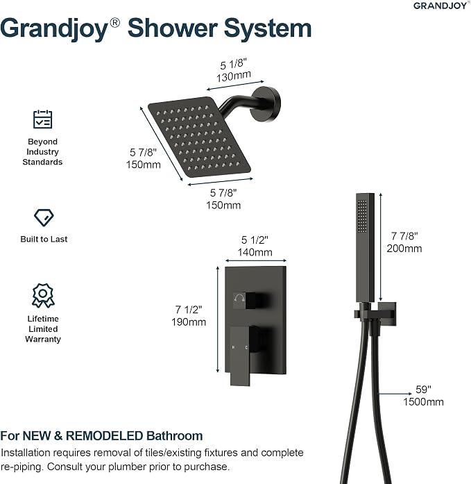 Wall Mount Shower System with Handheld Shower, Matte Black | 6-inch rain head, pressure-balanced brass valve, 2-function control and included 59-inch hose