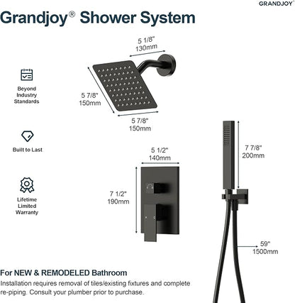Wall Mount Shower System with Handheld Shower, Matte Black | 6-inch rain head, pressure-balanced brass valve, 2-function control and included 59-inch hose