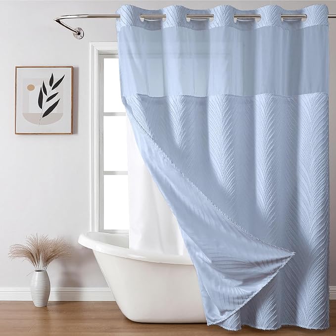eachope no Hook Shower Curtain and Liner Set，Boho Style with See Through Top Window, Blue Fabric Tufted Striped Textured Outer Curtain & Waterproof Inner Liner, FrostBlue, 71Wx80H