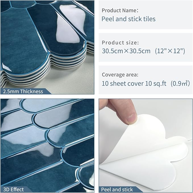 Blue Peel and Stick Backsplash Self Adhesive Wall Tiles 10-Sheet | Thick,Sticky,for Kitchen,Bathroom,Laundry,Sink,12"×12"