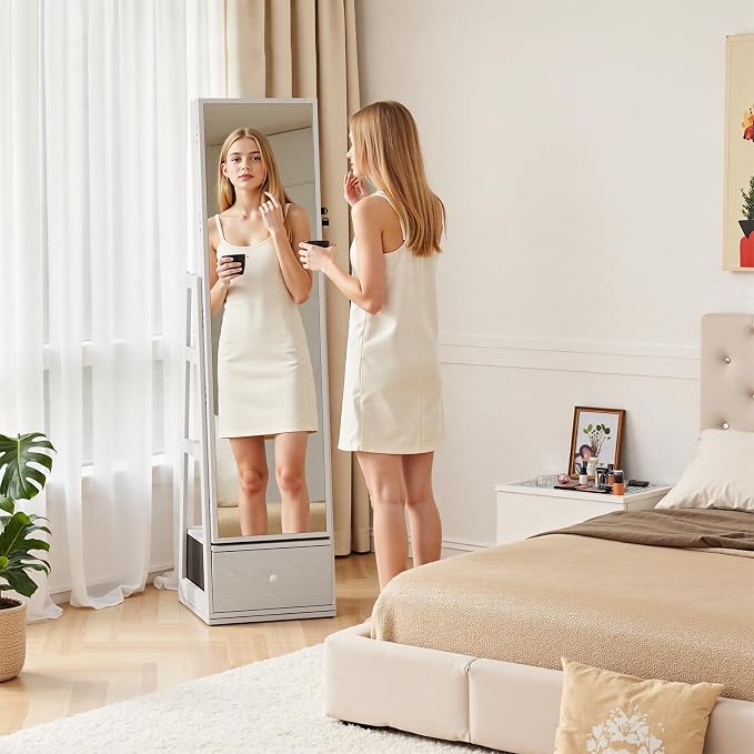 Jewelry Armoire with Drawer and LED Lights, White | Rotatable Jewelry Cabinet with Full Length Mirror, Lockable, 3 Rear Shelves, Jewelry Organizer with Storage for Women, Girl