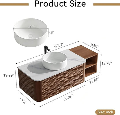 48 Inch Modern Bathroom Vanity with Ceramic Sink, Floating Bathroom Sink Cabinet with Sintered Stone Top&Solid Wood Hammered Frame, Single Bathroom Vanities w/Soft-Close Drawer&IDE Open Cube